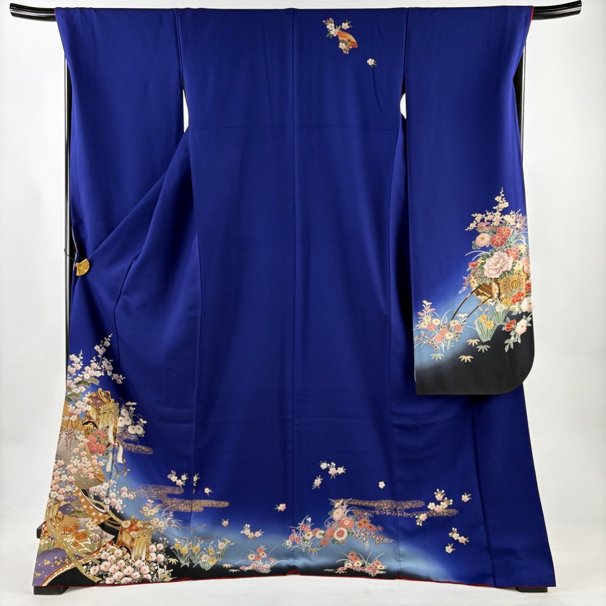 振袖 身丈175 cm 裄丈69 L 袷 御所車 松竹梅 金糸 金彩 紺色 正絹 秀品