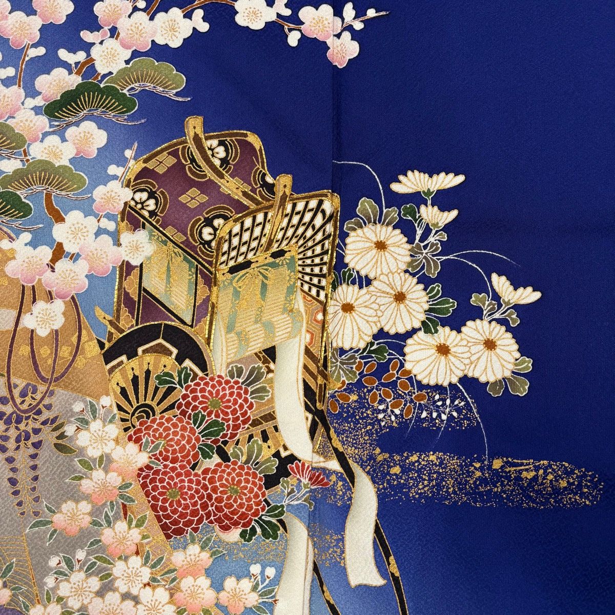  振袖 身丈175 cm 裄丈69 L 袷 御所車 松竹梅 金糸 金彩 紺色 正絹 秀品 振袖 着物