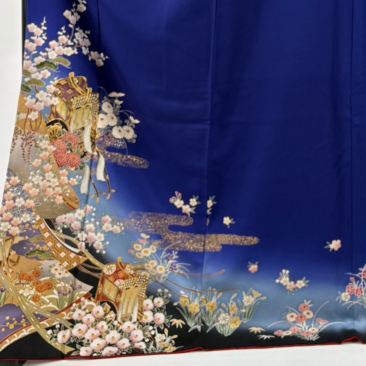 振袖 身丈175 cm 裄丈69 L 袷 御所車 松竹梅 金糸 金彩 紺色 正絹 秀品