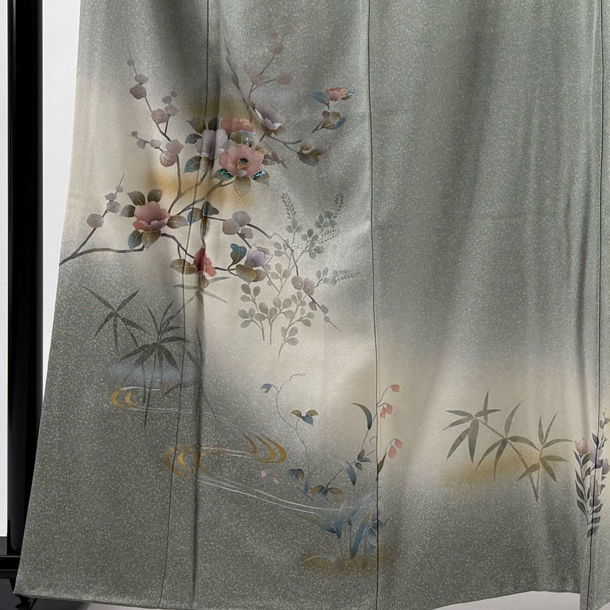 訪問着 身丈161 cm 裄丈65 M 袷 椿 萩 金銀彩 螺鈿 灰緑 正絹 秀品