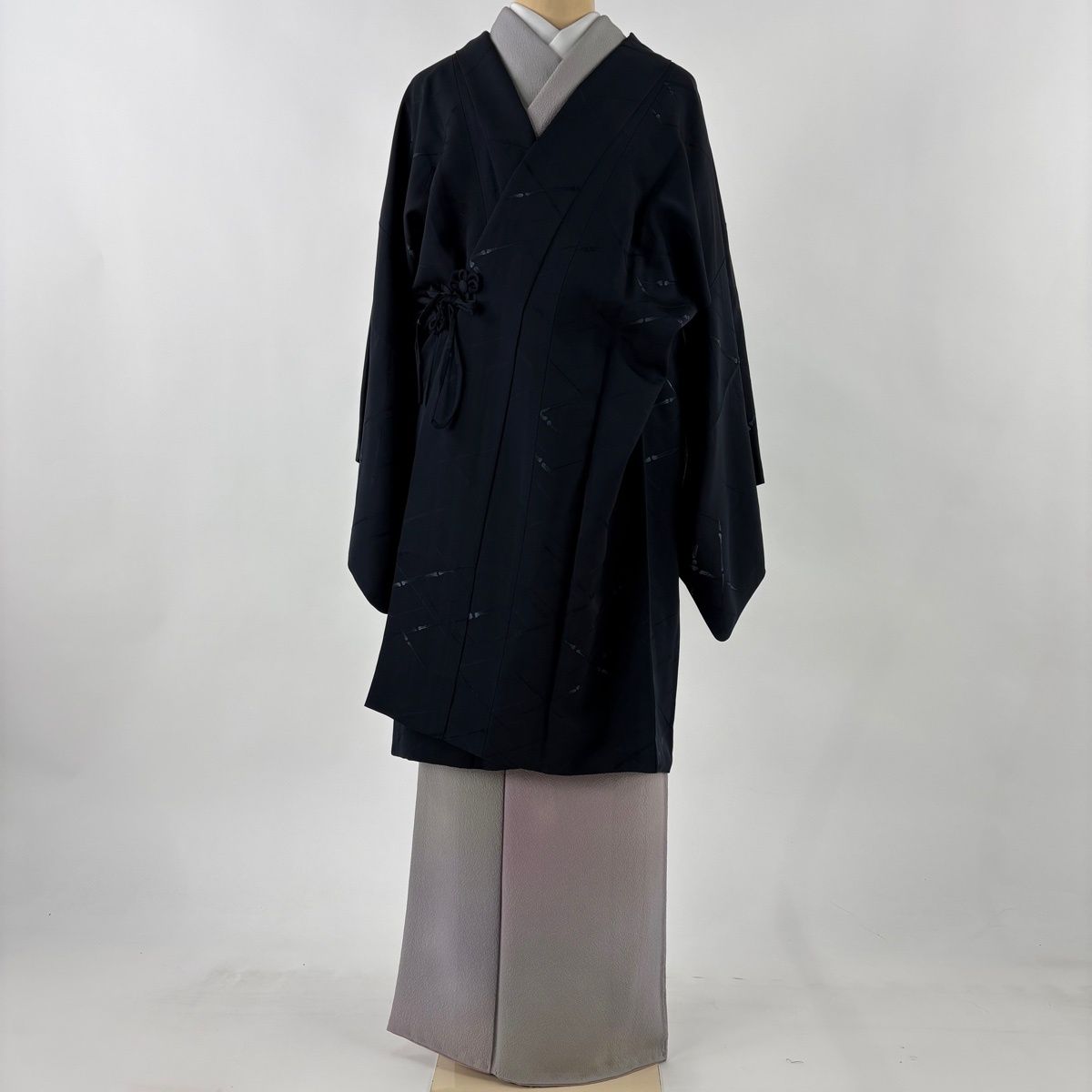 道中着 身丈100 cm 裄丈67.5 L 和装コート 斜め格子 竹 青黒 正絹 秀品