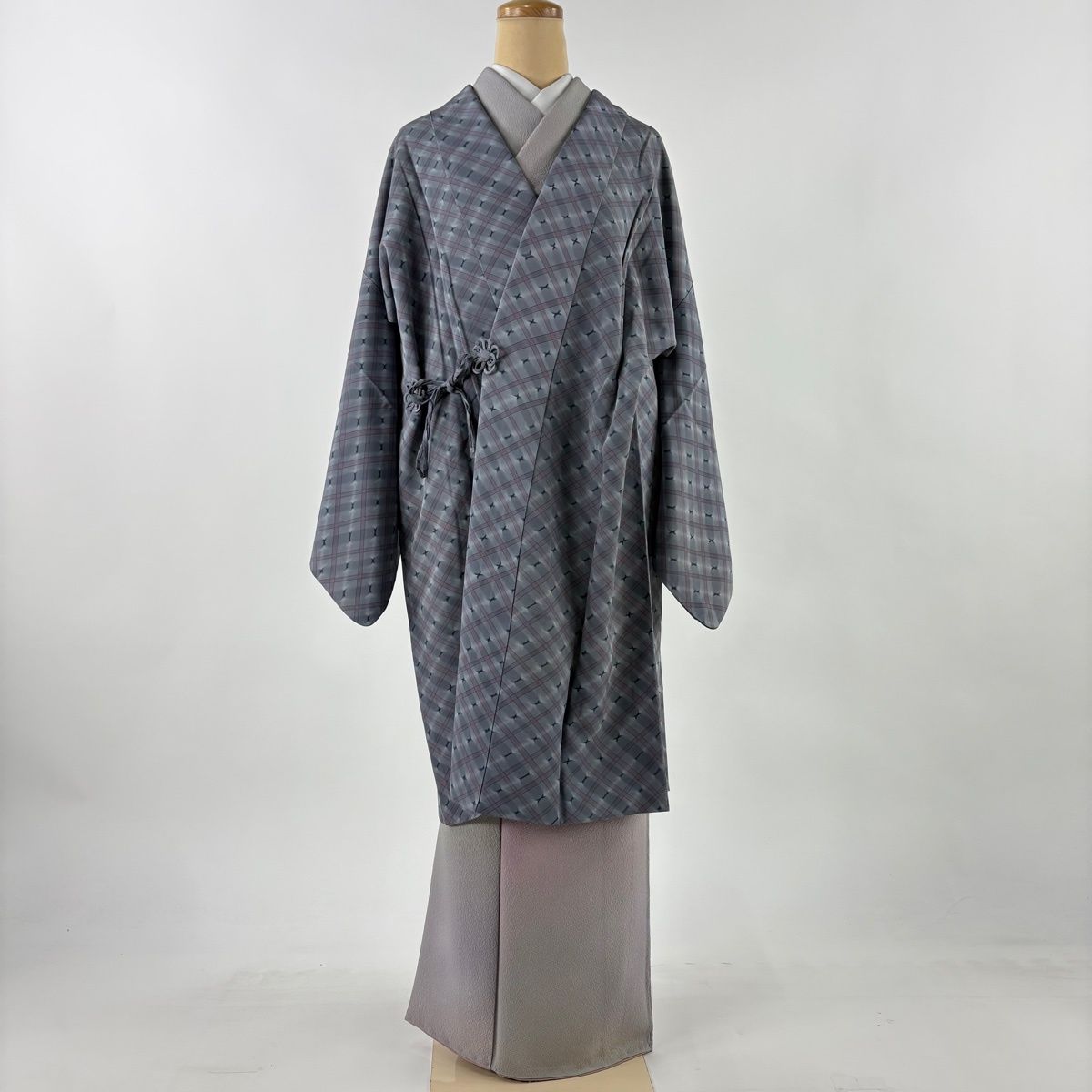道中着 身丈102 cm 裄丈66 M 和装コート 斜め格子 幾何学 灰色 正絹 秀品