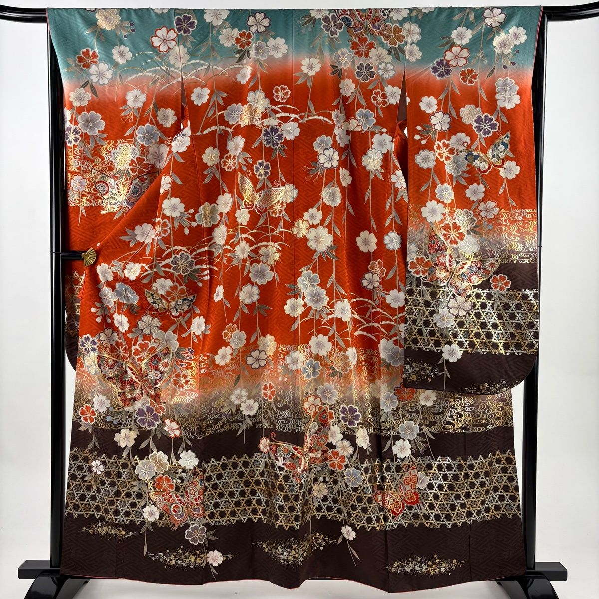振袖 身丈160 5 cm 裄丈65 M 袷 蝶 桜 金糸 金銀彩 茶紫 正絹 秀品