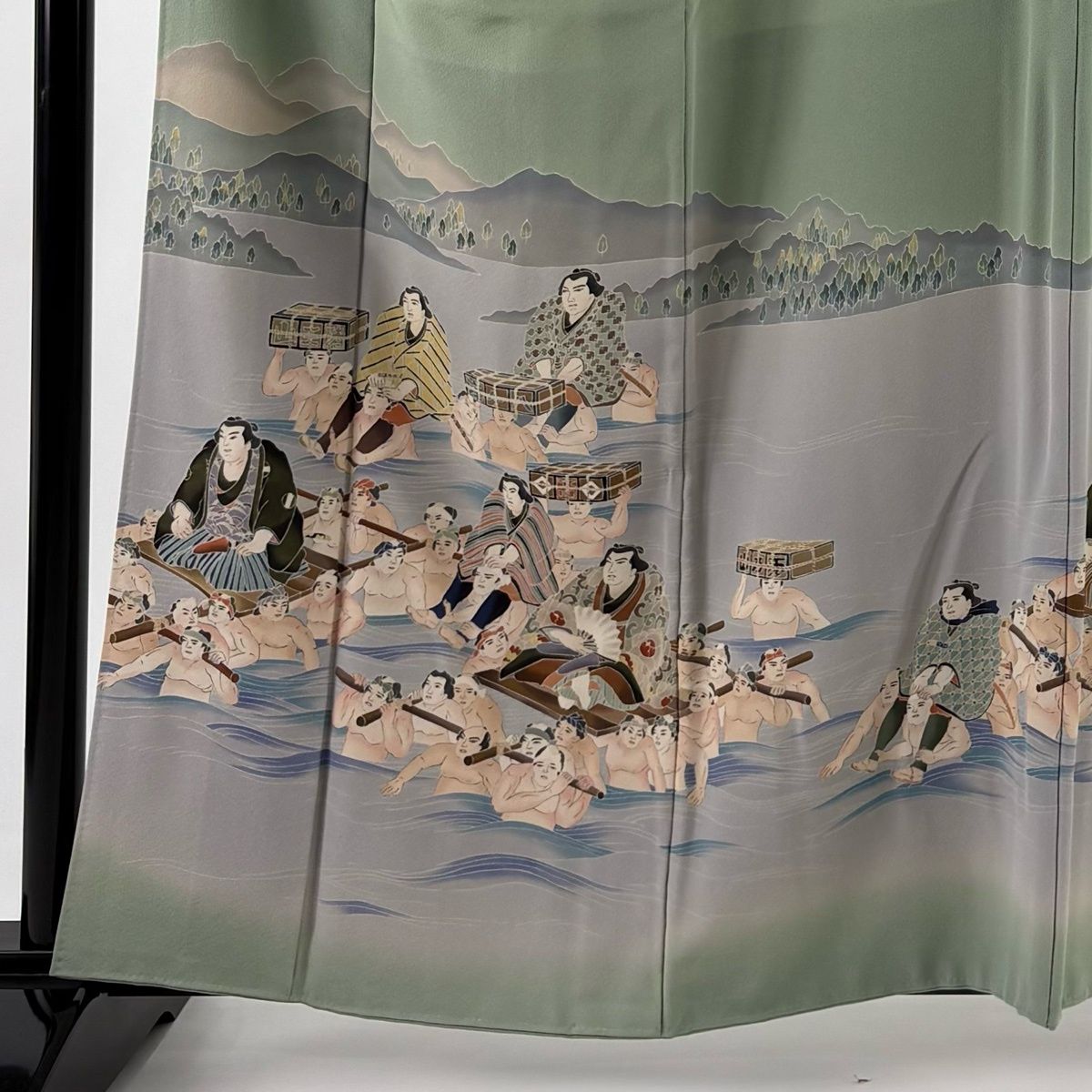 付下げ 身丈160.5 cm 裄丈66 M 袷 田村哲彦 落款 人物 風景 ぼかし 灰緑 正絹