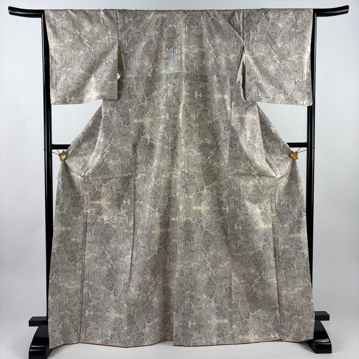 大島紬 身丈170 cm 裄丈67 M 袷 家屋 樹木 ベージュ 正絹