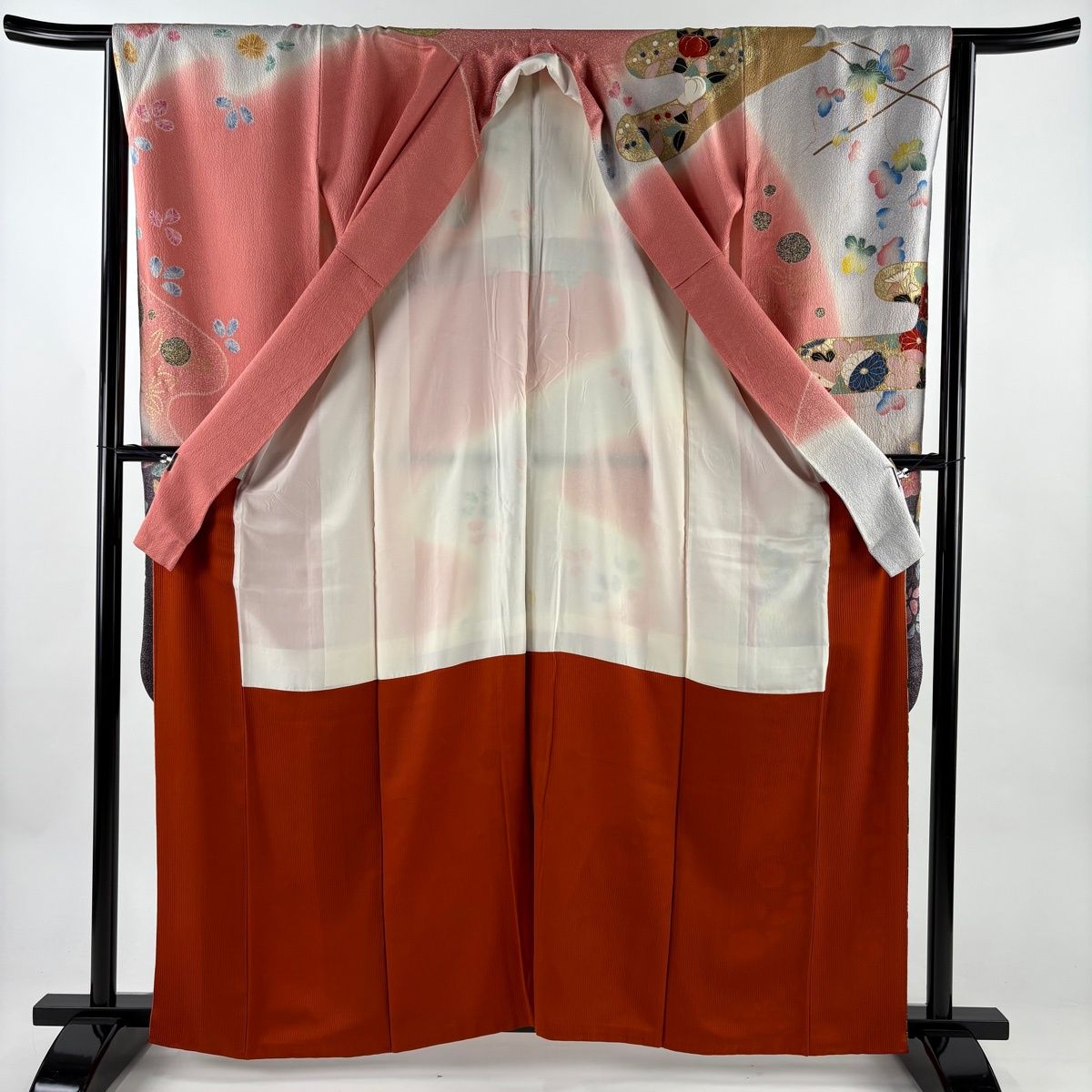  振袖 身丈162 cm 裄丈65 M 袷 菊 ヱ霞 金糸 金銀彩 ピンク 正絹 振袖 着物