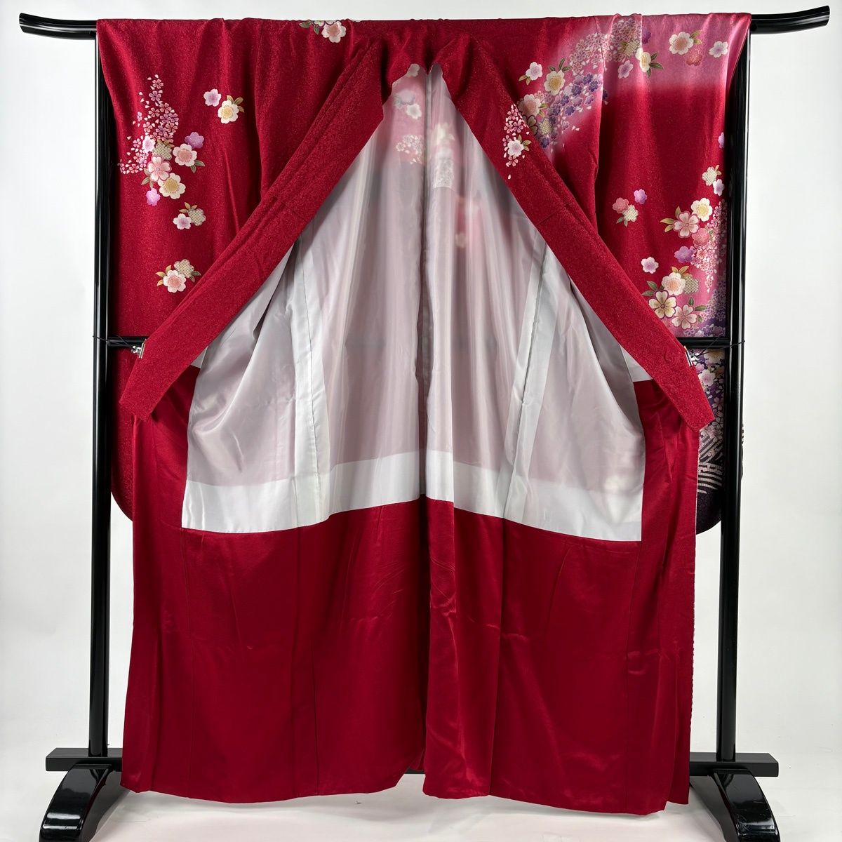  振袖 身丈161.5 cm 裄丈70 L 袷 桜 銀通し 箔 赤 正絹 振袖 着物