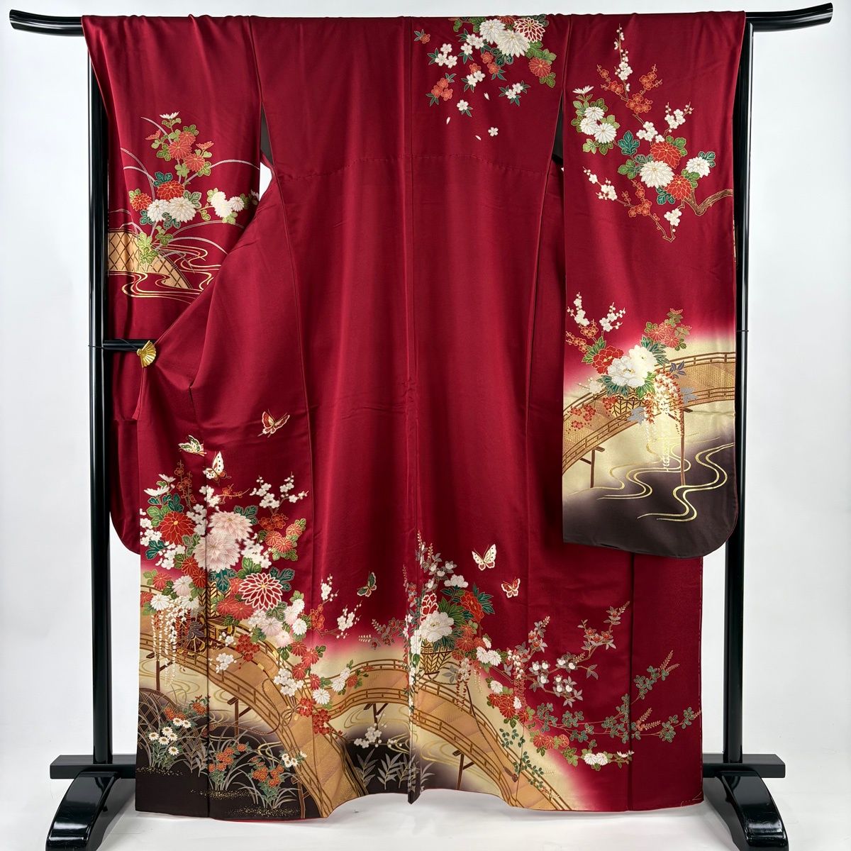 振袖 身丈167 cm 裄丈67 M 袷 花車 橋 金彩 ぼかし えんじ色 正絹