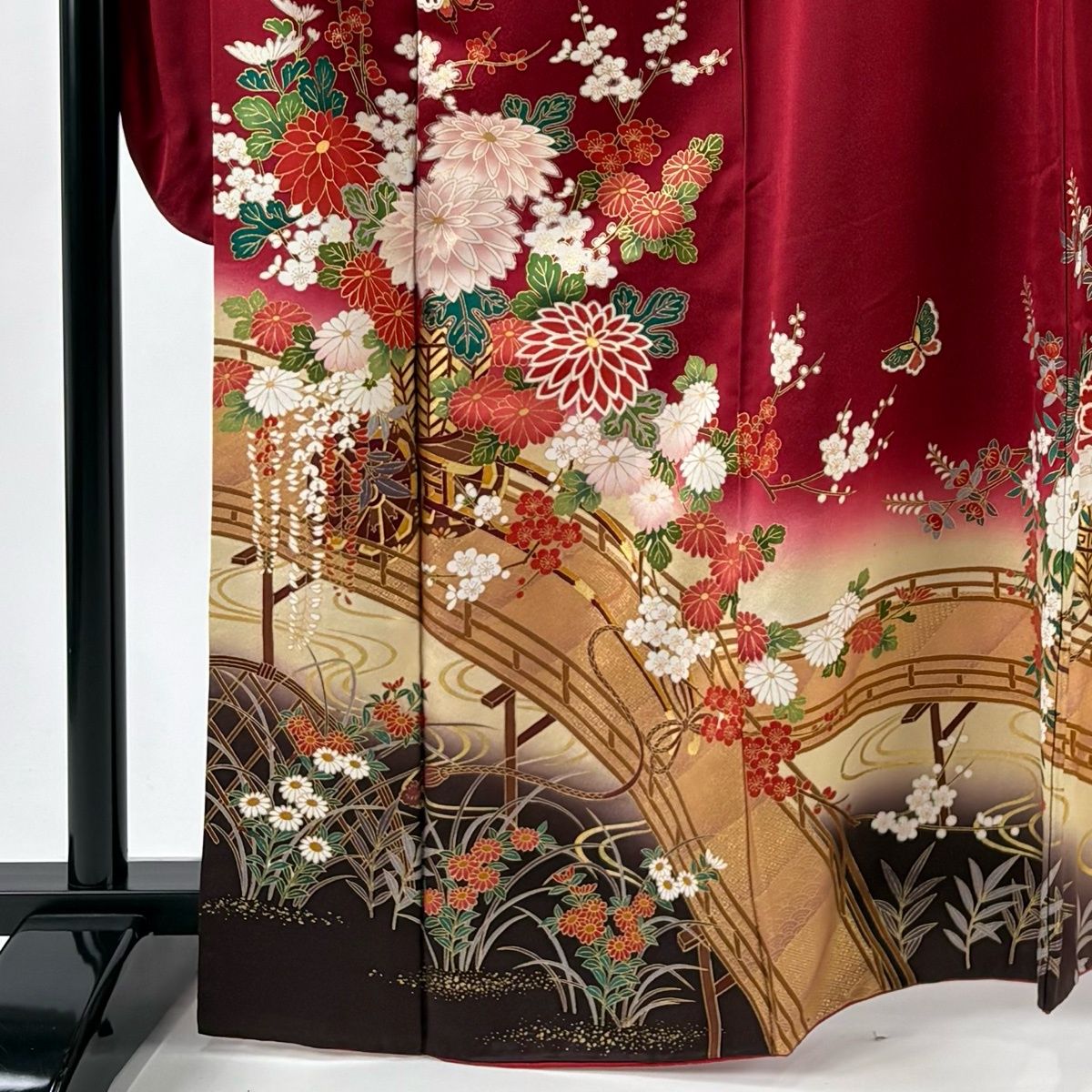振袖 身丈167 cm 裄丈67 M 袷 花車 橋 金彩 ぼかし えんじ色 正絹