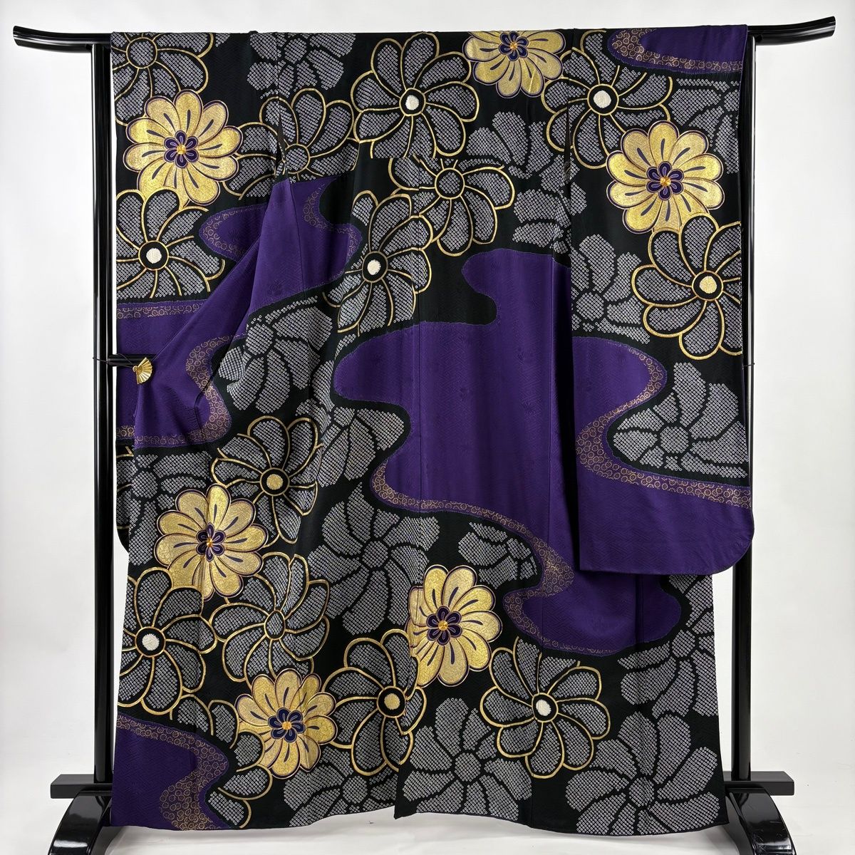 振袖 身丈164 cm 裄丈64.5 M 袷 花柄 地紋 金糸 絞り 青紫 正絹