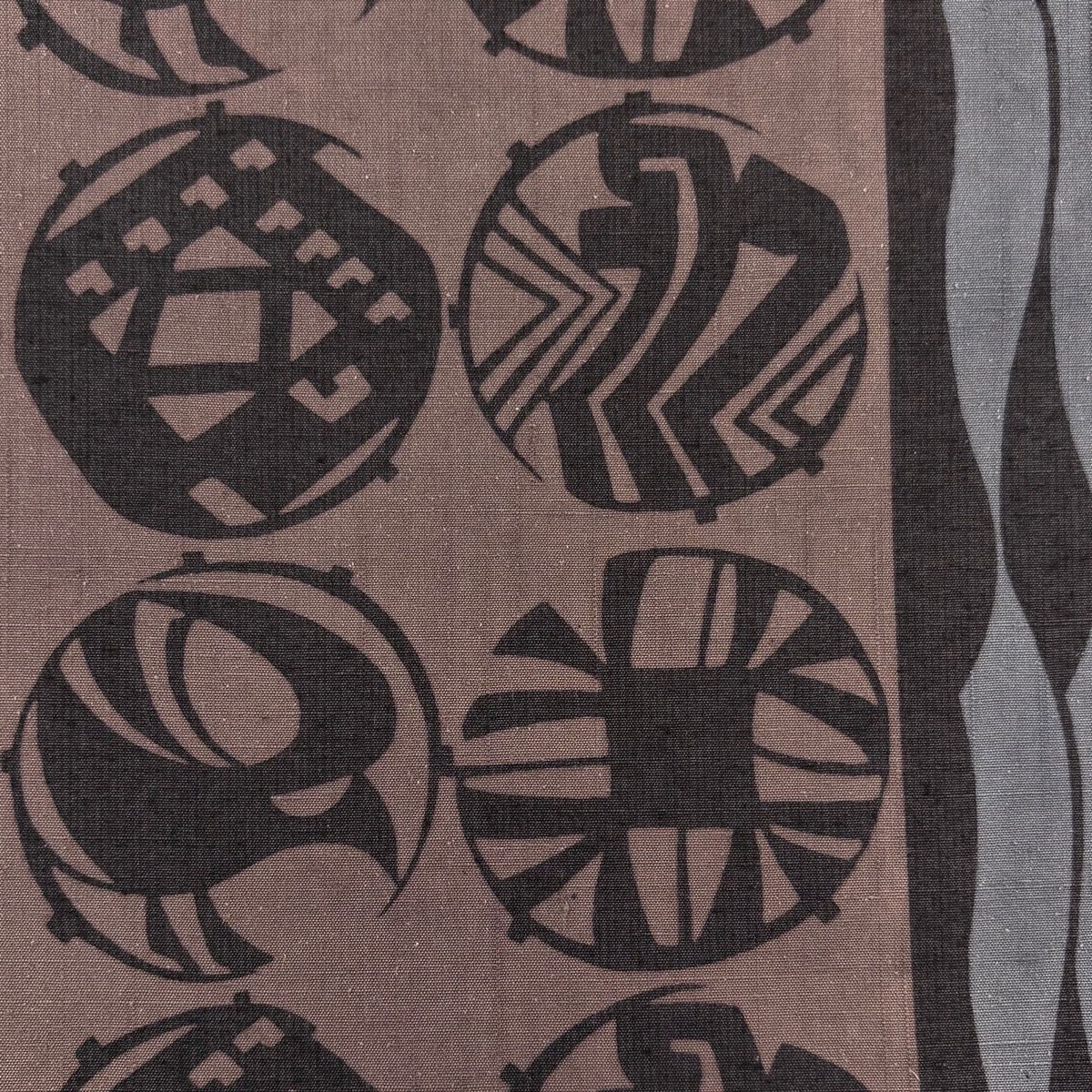 美品】 袋帯 名品 川村久太郎 落款 紬地 鳥 幾何学模様 茶紫 全通 正絹