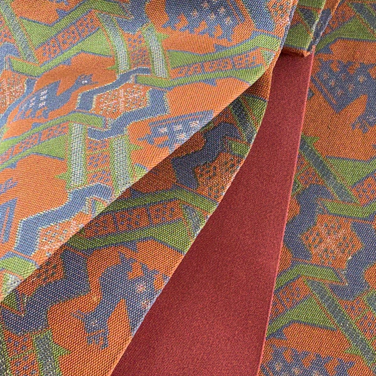 美品】 開き名古屋帯 名品 龍村美術織物 比翼仕立て 有栖川 オレンジ