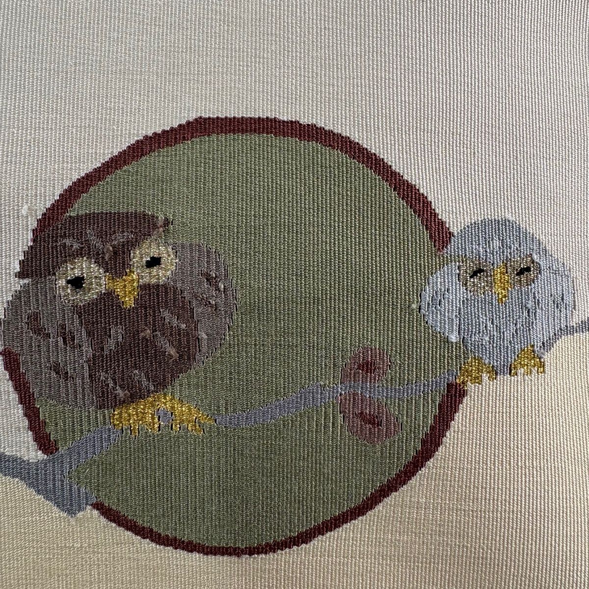 名古屋帯 八寸名古屋帯 松葉仕立て ふくろう 枝葉 金糸 綴れ織 ベージュ 正絹