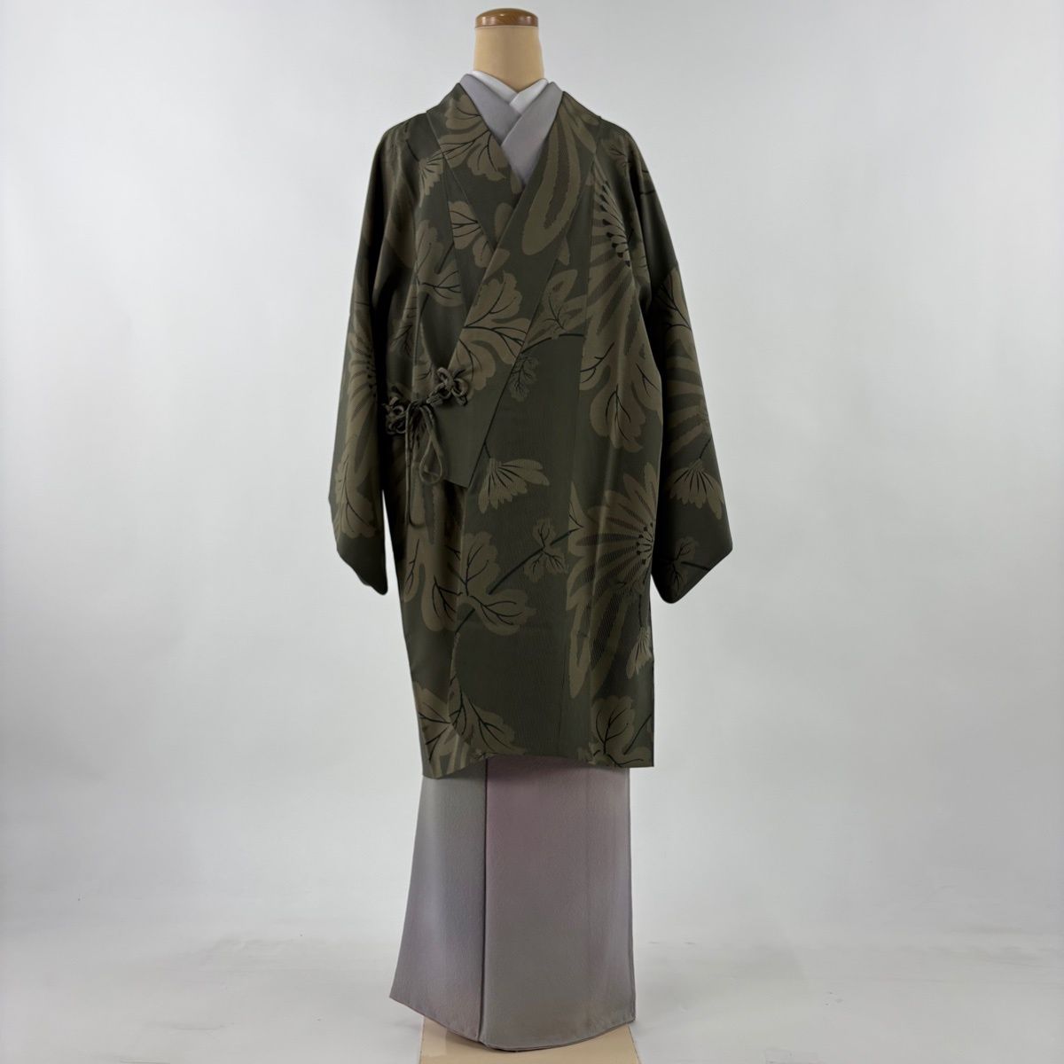 道中着 身丈96 cm 裄丈67 M 和装コート 着物衿 菊 縦縞 灰緑 正絹 秀品