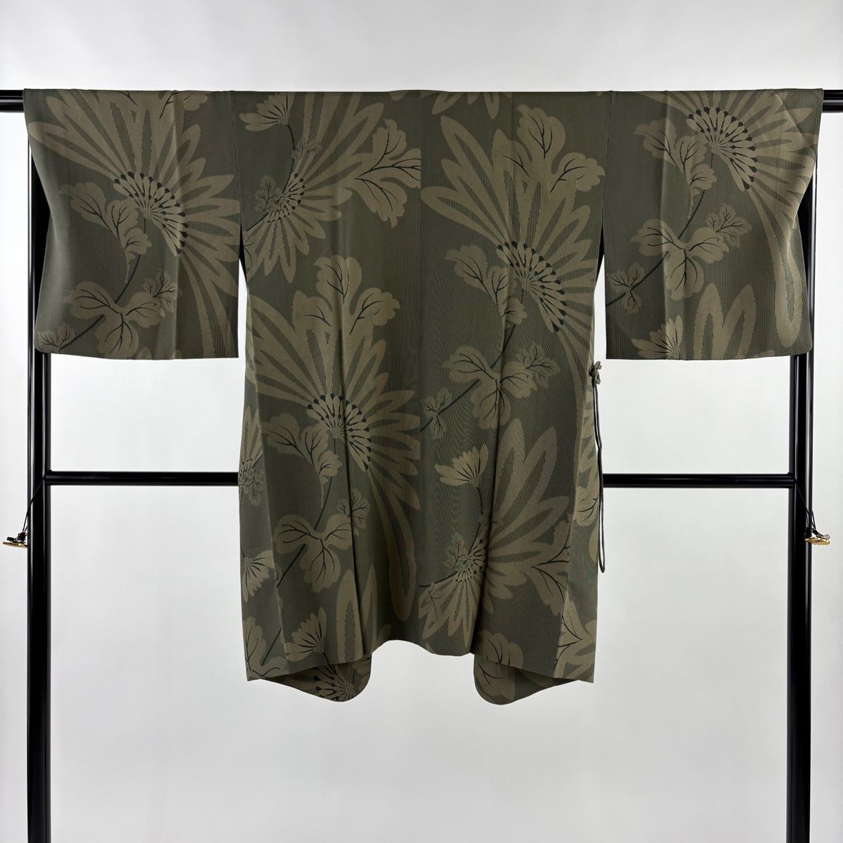 道中着 身丈96 cm 裄丈67 M 和装コート 着物衿 菊 縦縞 灰緑 正絹 秀品