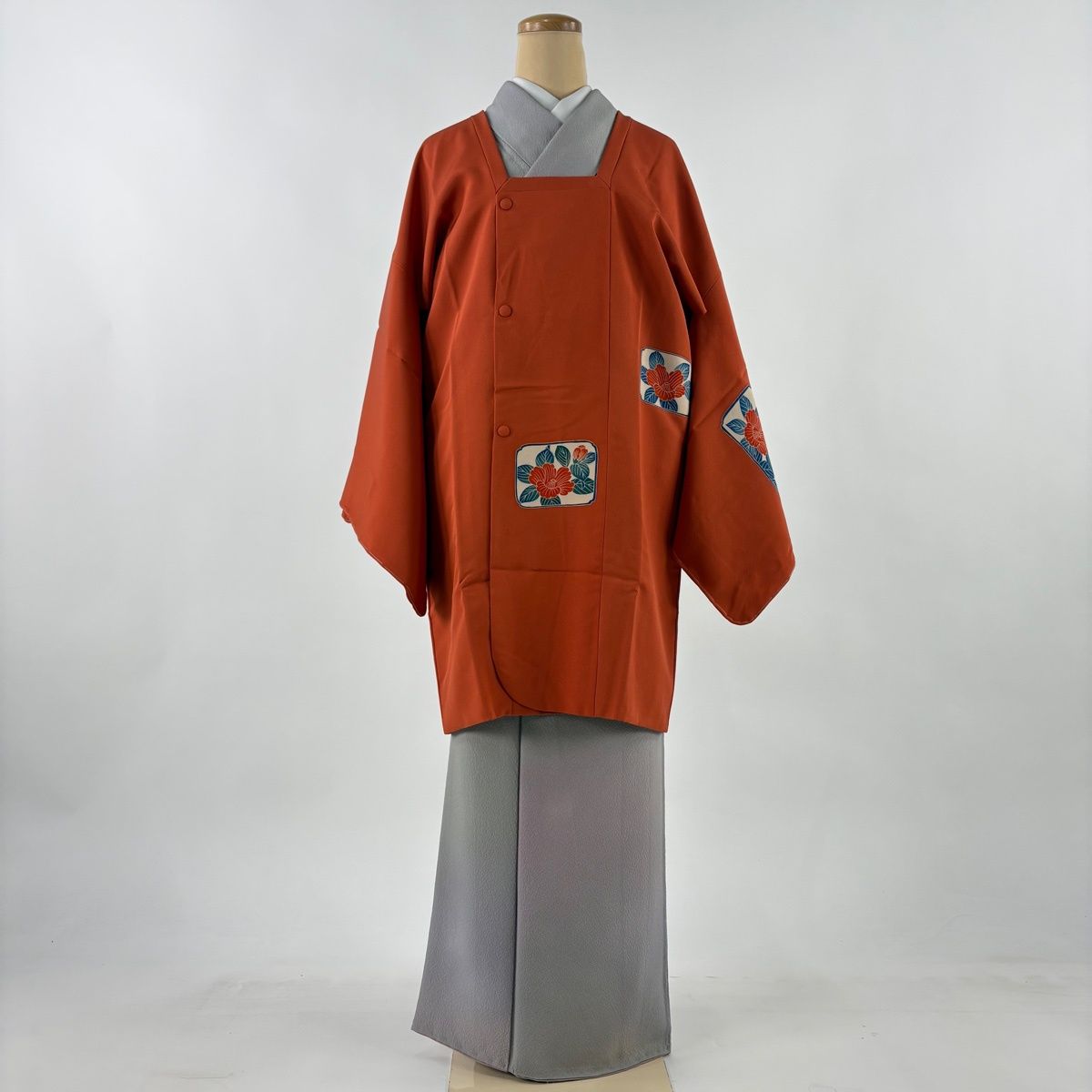 道行 身丈89 cm 裄丈68.5 L 和装コート 角衿 椿 朱色 正絹 秀品