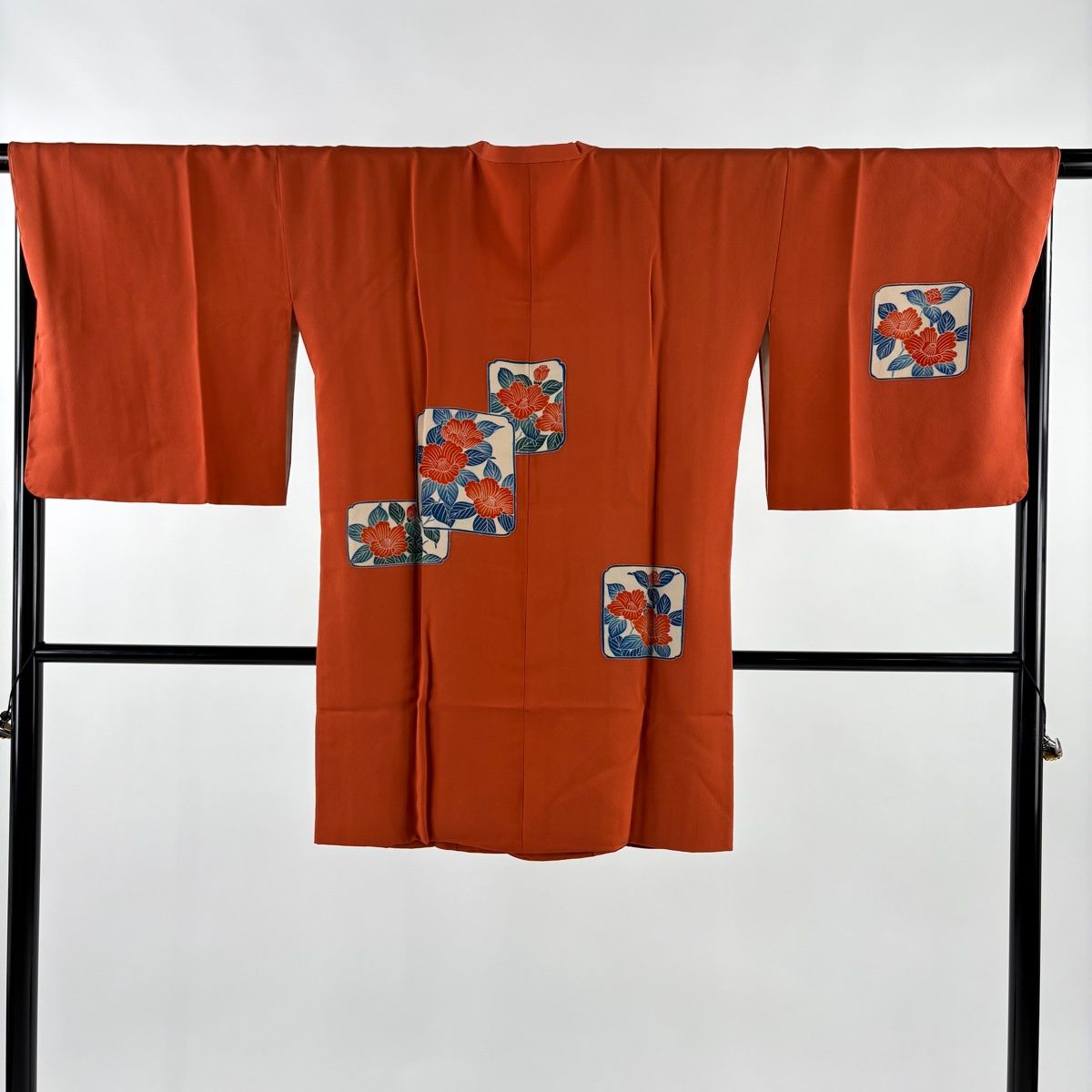 道行 身丈89 cm 裄丈68.5 L 和装コート 角衿 椿 朱色 正絹 秀品