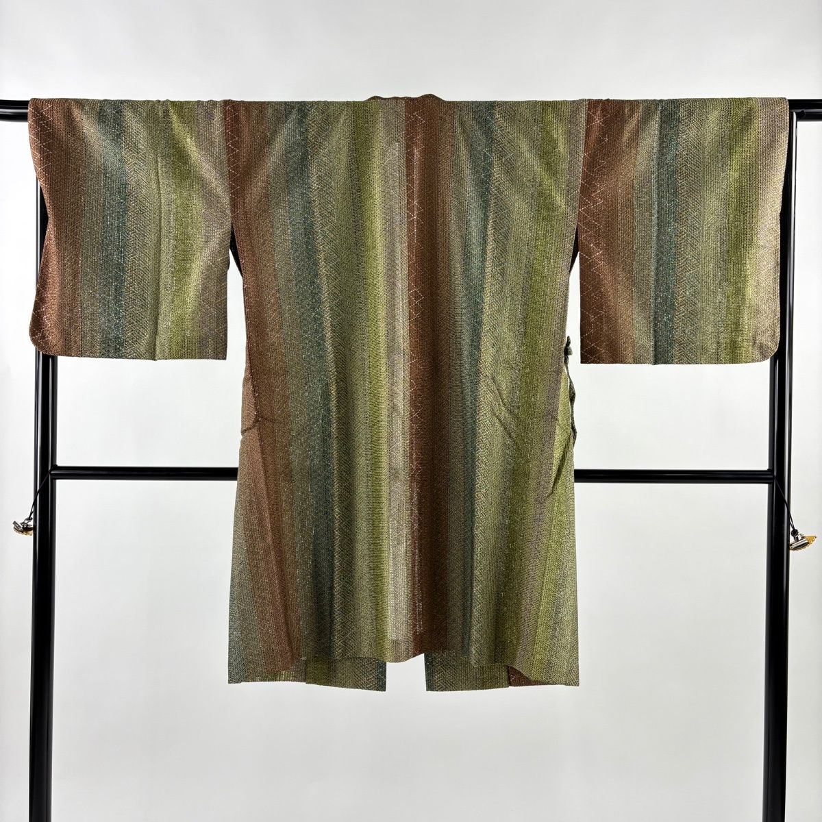 道中着 身丈100 cm 裄丈68 5 L 縞 茶緑色 正絹 秀品