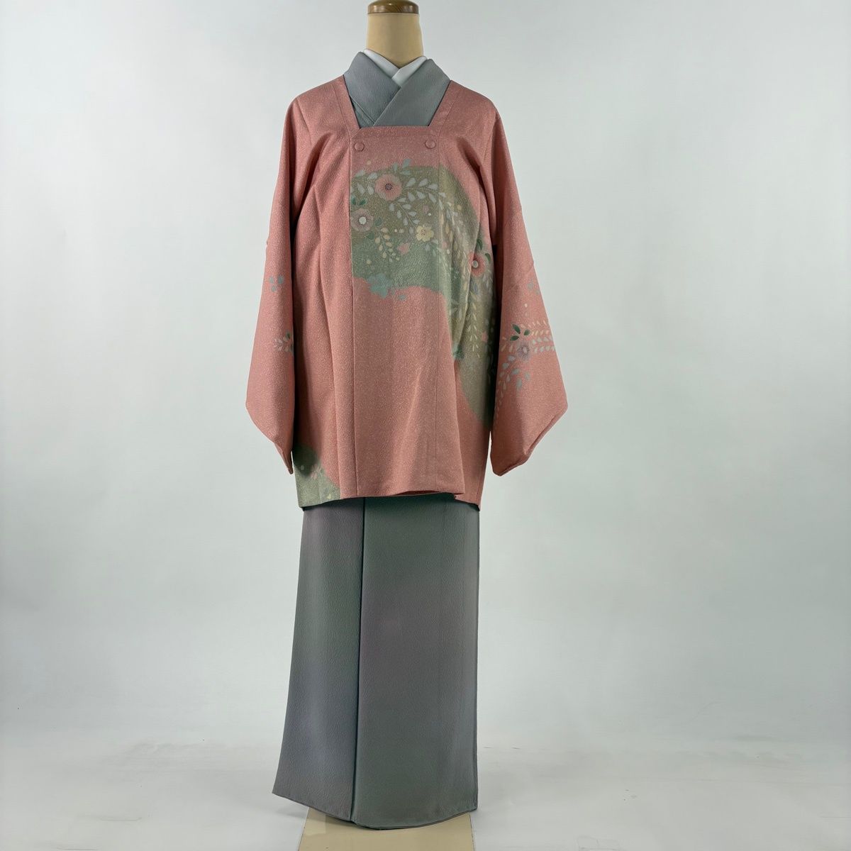 道行 身丈80 cm 裄丈68.5 L 和装コート 角衿 草花 ピンク 正絹 秀品