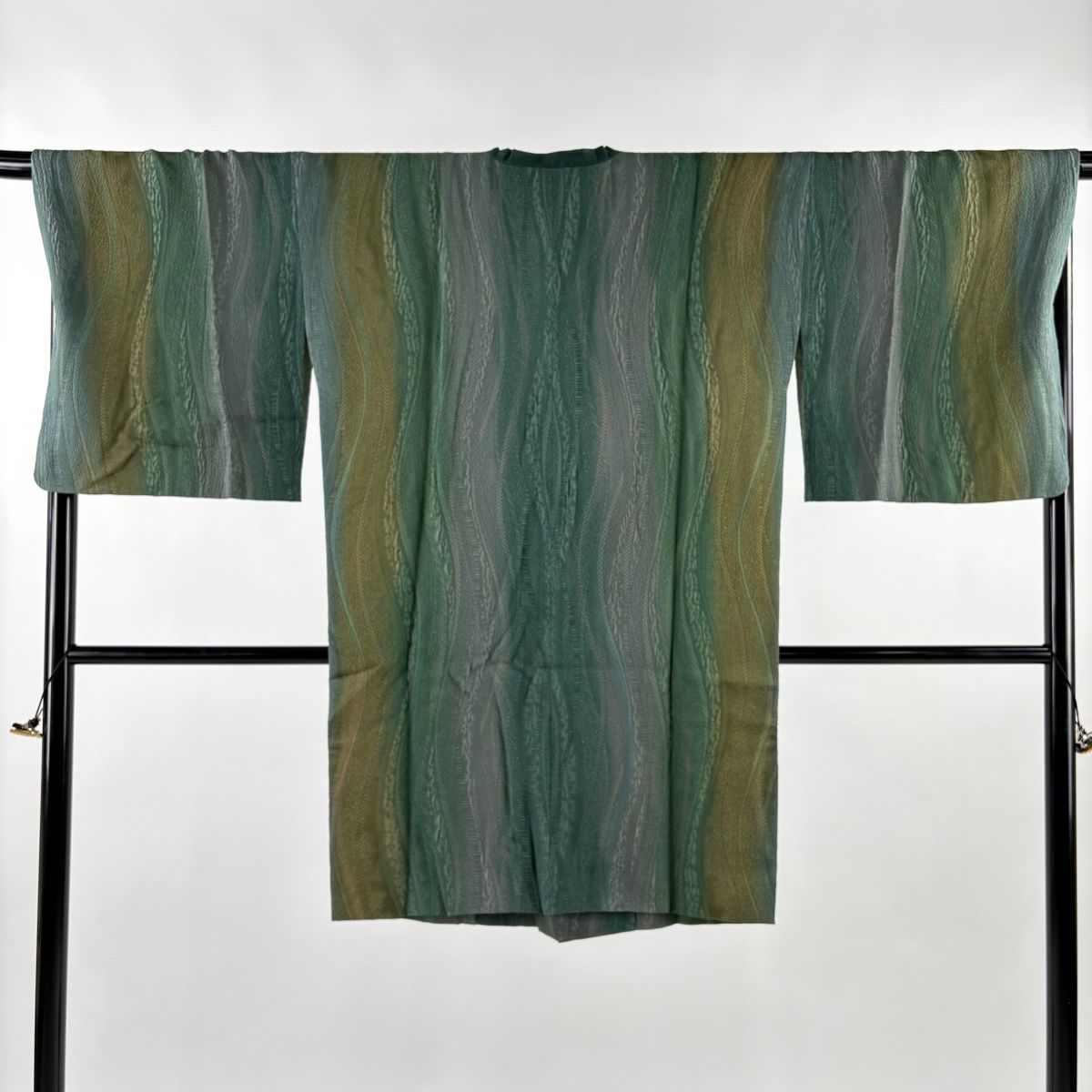 道行 身丈98 cm 裄丈68 L 和装コート 角衿 地紋 ぼかし 灰緑 正絹 秀品