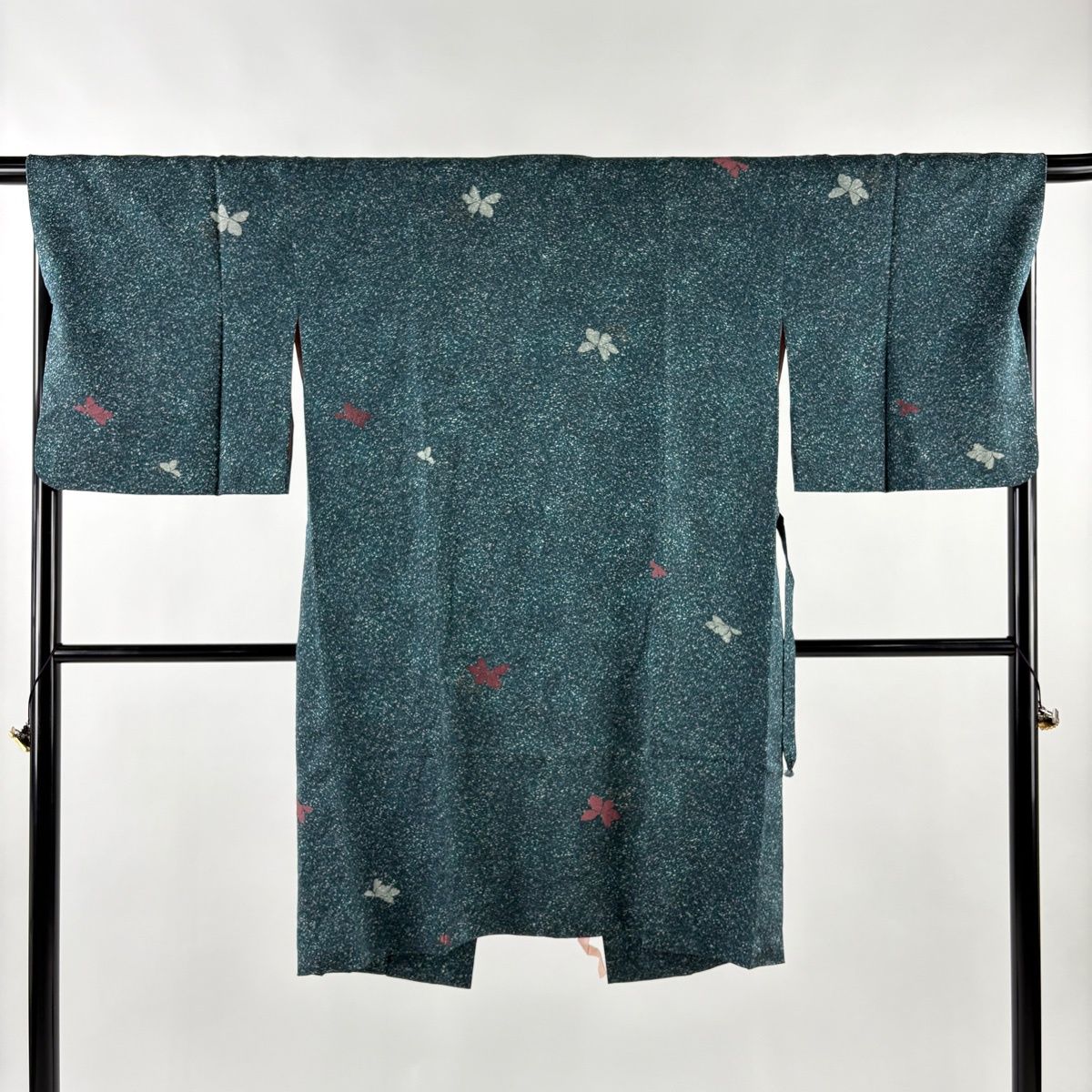 道中着 身丈107 cm 裄丈67 M 和装コート 蝶 銀糸 青緑 正絹 秀品