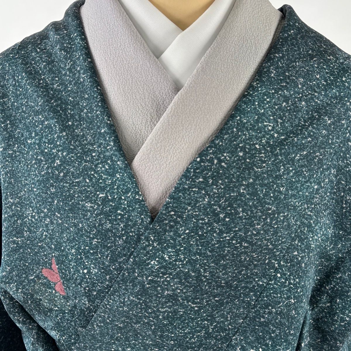  道中着 身丈107 cm 裄丈67 M 和装コート 蝶 銀糸 青緑 正絹 秀品 羽織 着物 浴衣