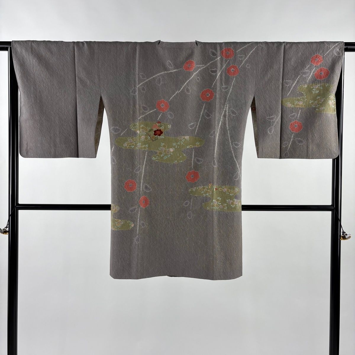 道行 身丈92 cm 裄丈65 M 和装コート 角衿 霞 草花 金銀彩 絞り 灰紫 正絹 秀品