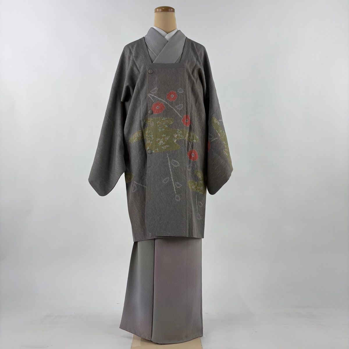 道行 身丈92 cm 裄丈65 M 和装コート 角衿 霞 草花 金銀彩 絞り 灰紫 正絹 秀品