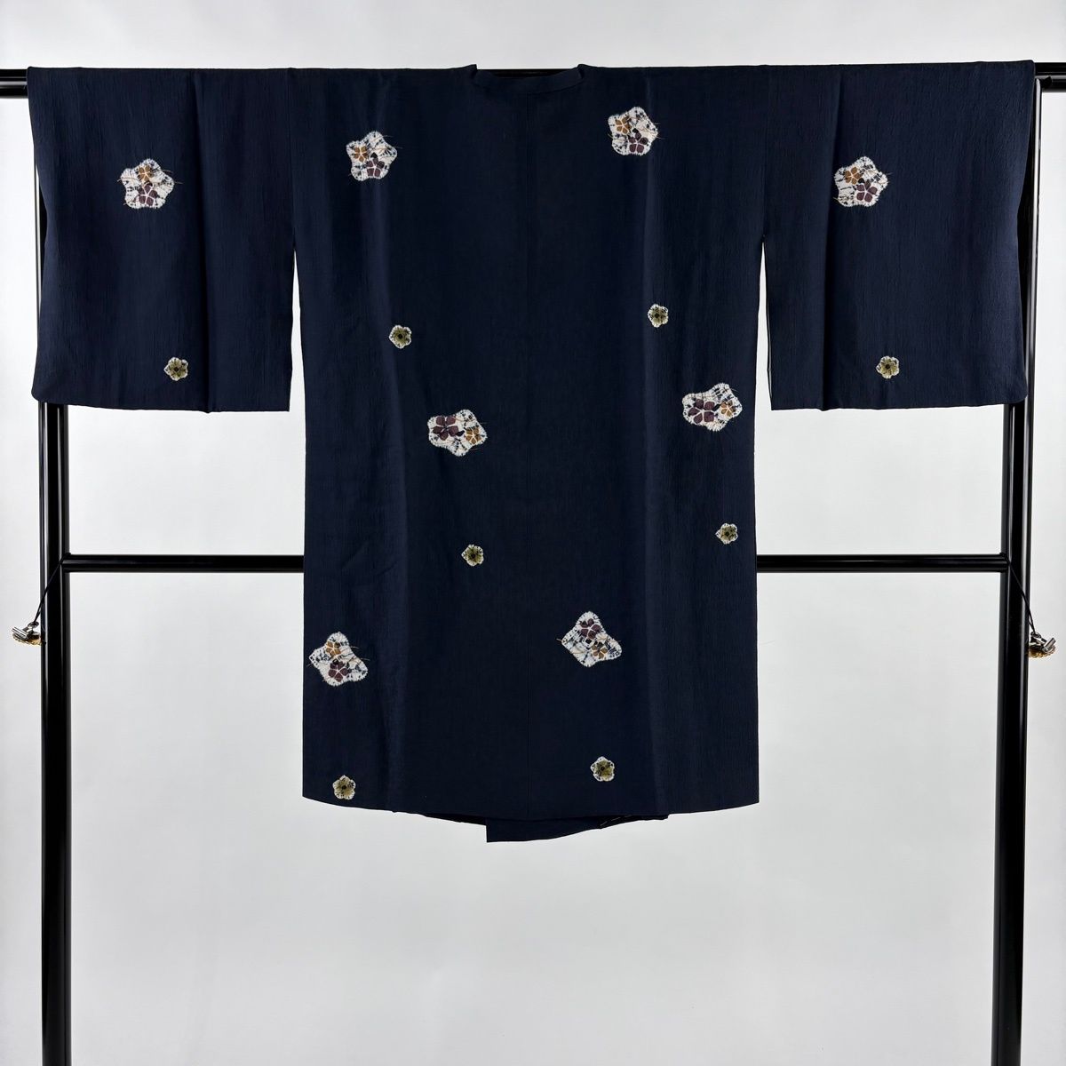 道行 身丈100 cm 裄丈67 M 和装コート 角衿 花 金彩 絞り 紺色 正絹 秀品