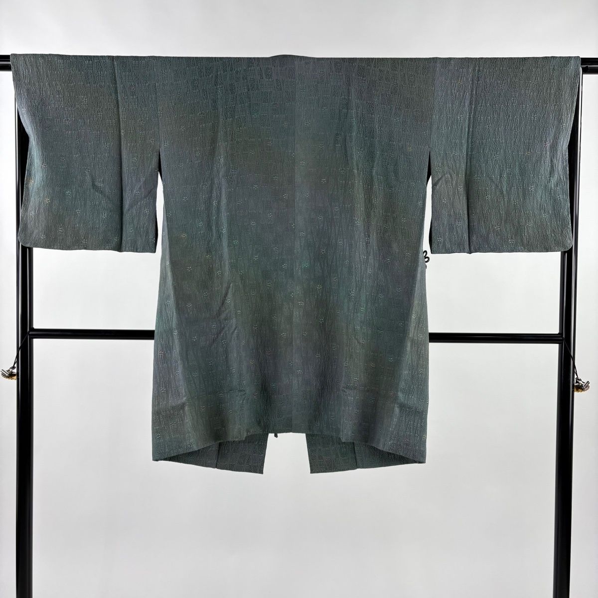 道中着 身丈95 cm 裄丈65 5 M 和装コート 花 幾何学 刺繍 ぼかし 灰緑 正絹 秀品