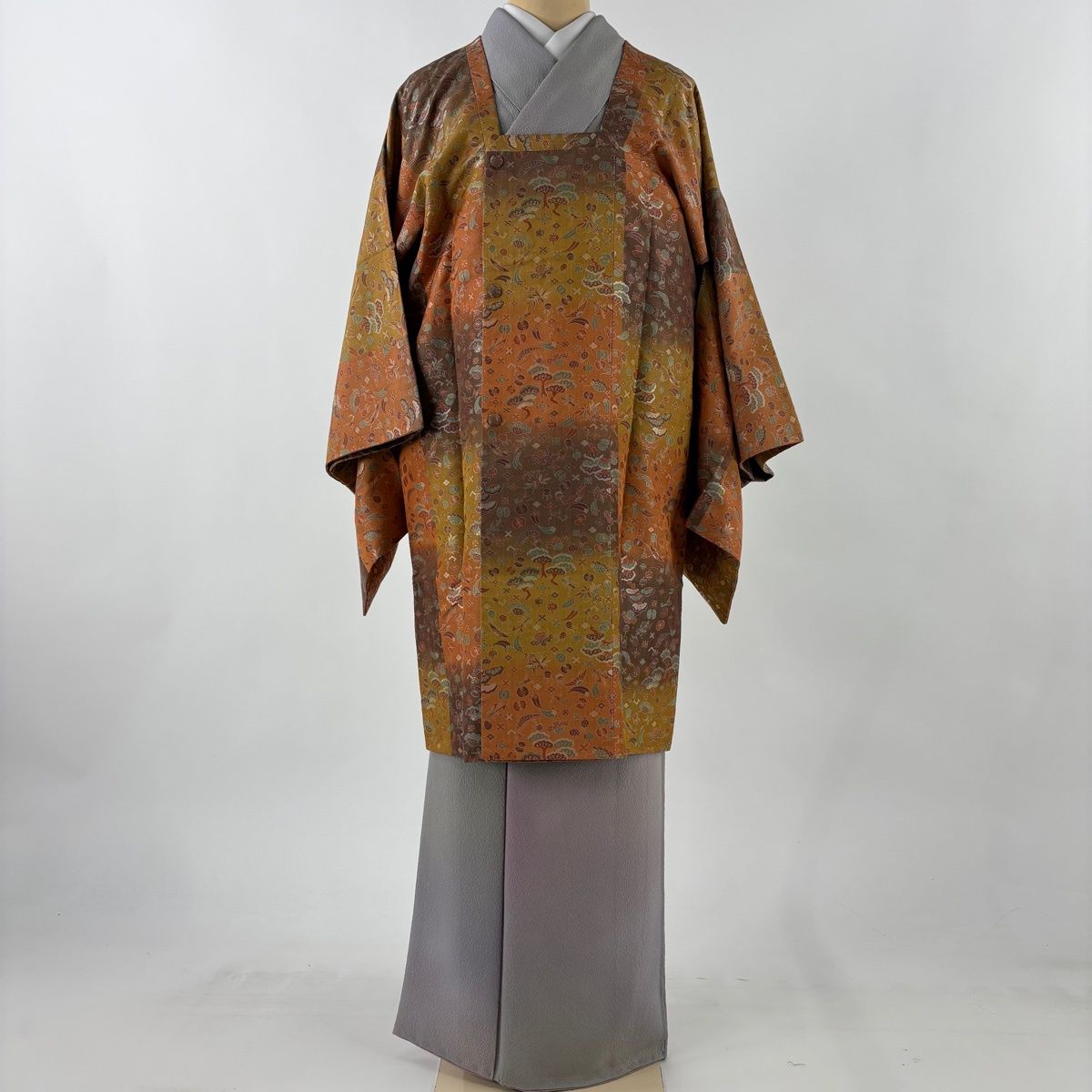道行 身丈96 cm 裄丈66.5 M 和装コート 角衿 宝尽くし 松 オレンジ 正絹 秀品