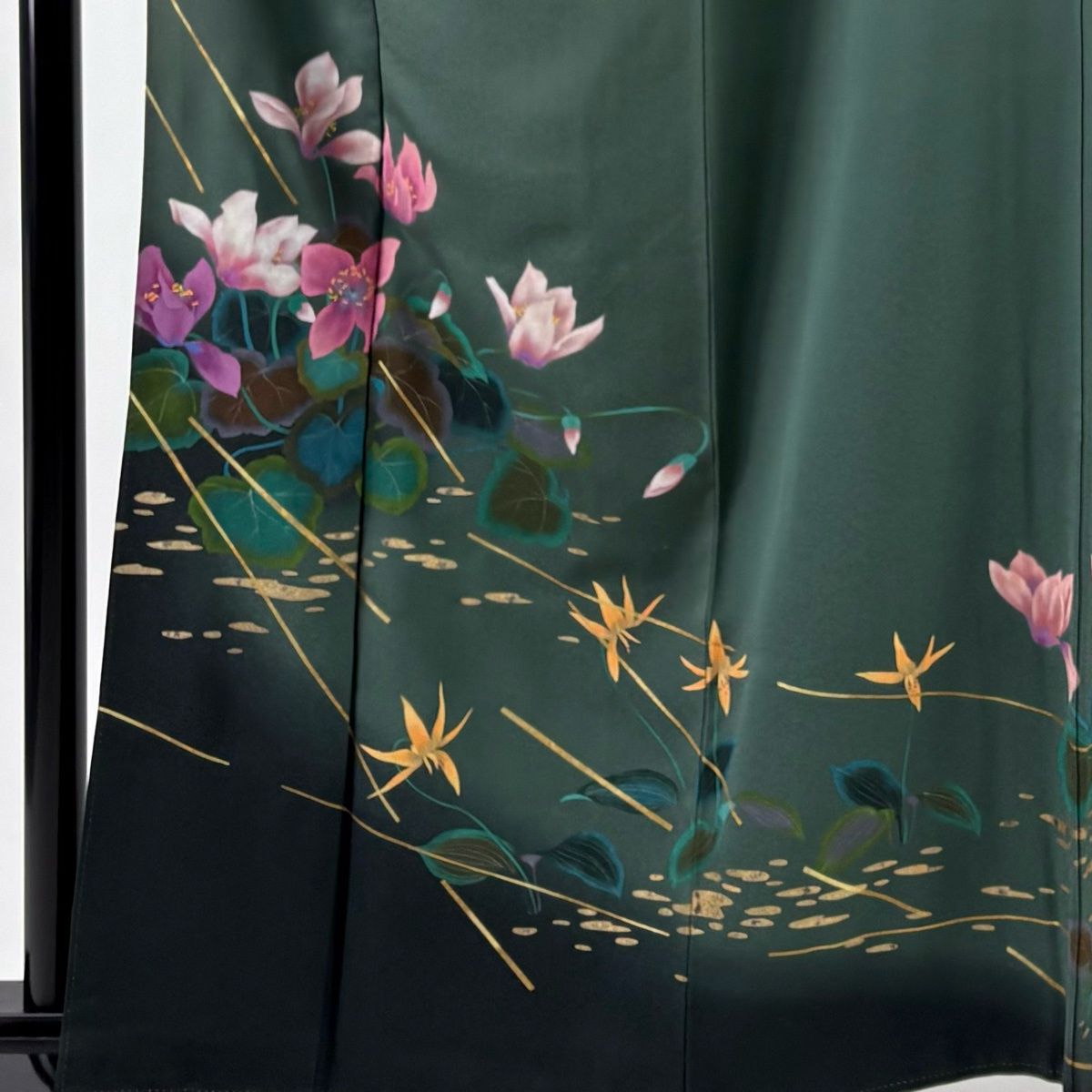 訪問着 身丈163 cm 裄丈64.5 M 袷 草花 金彩 ぼかし 深緑 正絹 秀品