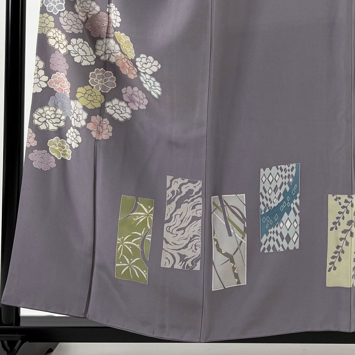 訪問着 身丈157 cm 裄丈64 M 袷 牡丹 短冊 金彩 灰紫 正絹 秀品 一つ紋