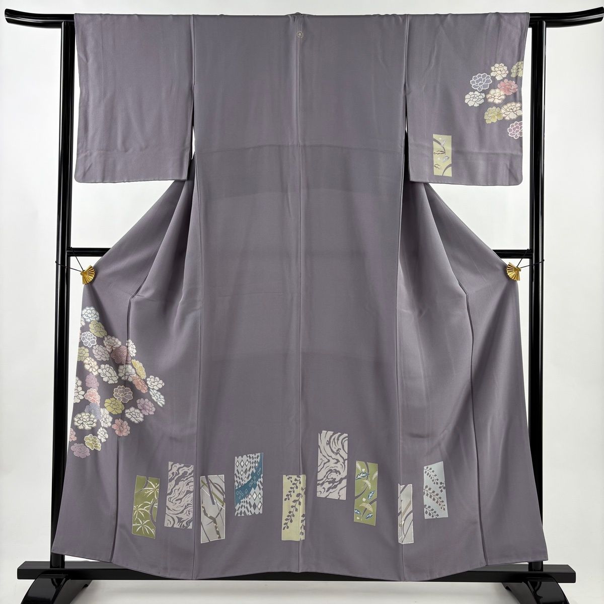 訪問着 身丈157 cm 裄丈64 M 袷 牡丹 短冊 金彩 灰紫 正絹 秀品 一つ紋