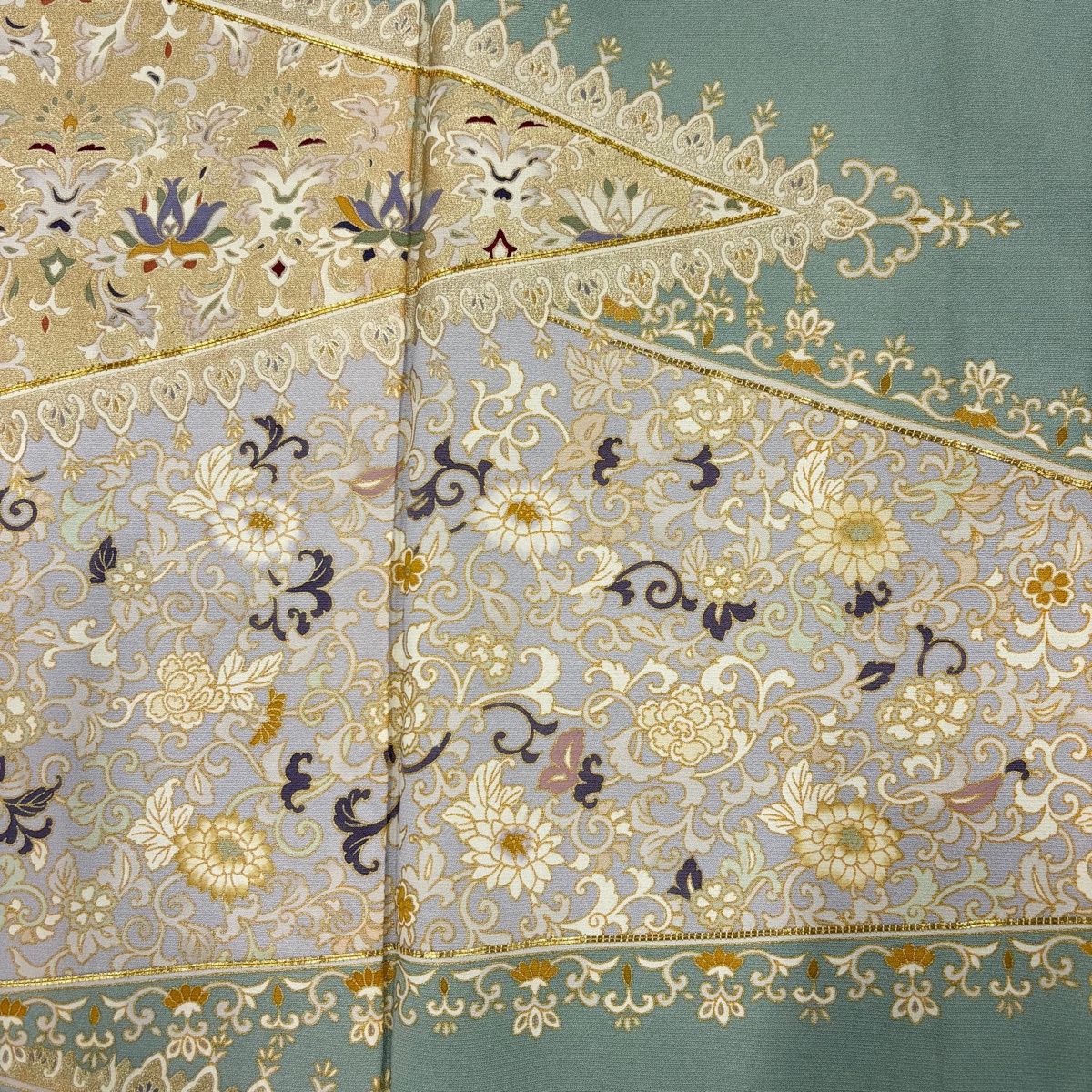  訪問着 身丈160 cm 裄丈65 M 袷 花唐草 幾何学模様 金糸 金彩 薄緑 正絹 秀品 訪問着 付け下げ 着物