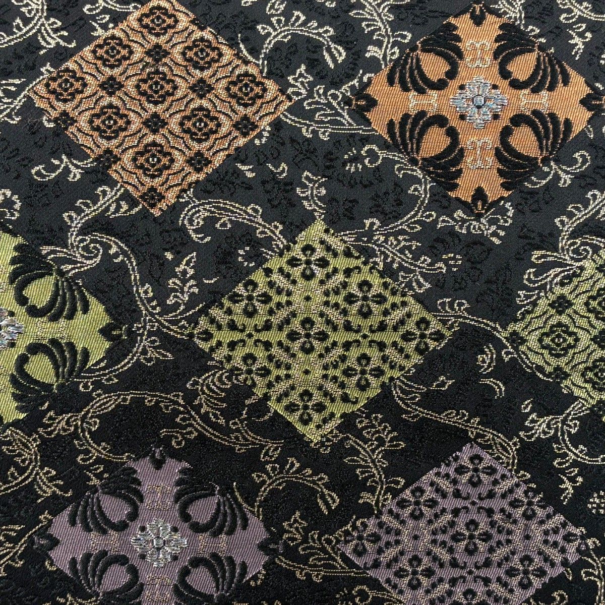 名古屋帯 秀品 花菱 唐草 箔 銀糸 黒 正絹