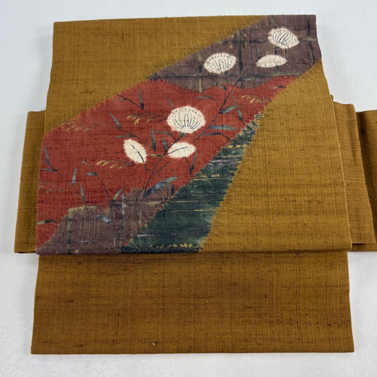 付け帯 秀品 紬地 作り帯 草花 金銀彩 茶色 正絹