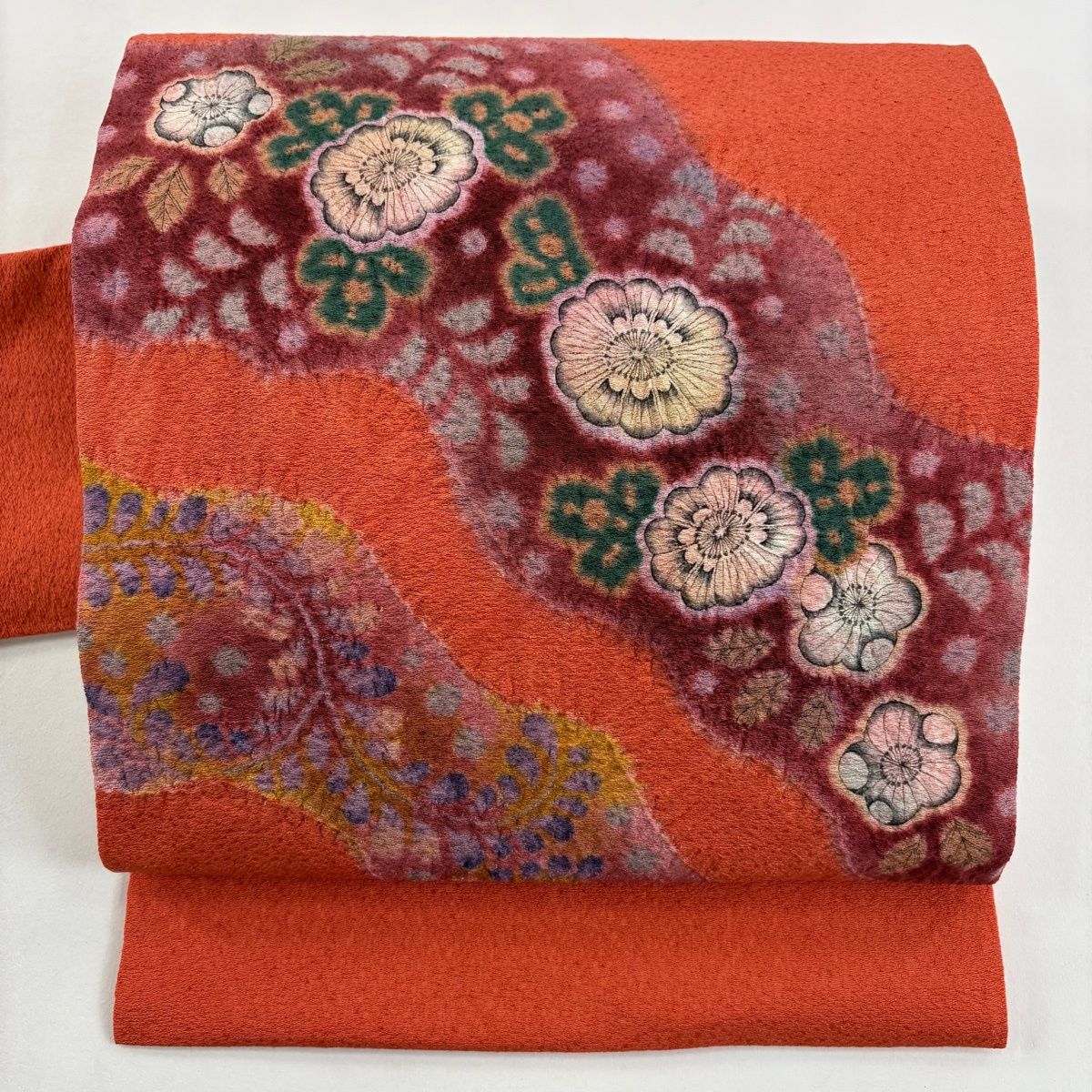 美品】 名古屋帯 秀品 道長取り 辻が花柄 絞り ぼかし 朱色 正絹 美品】 名古屋帯 秀品 道長取り 辻が花柄 絞り ぼかし 朱色 正絹