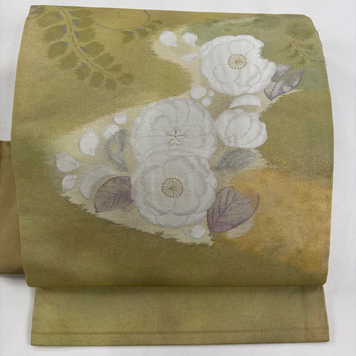 名古屋帯 秀品 関西仕立て 草花 霞 箔 ベージュ 正絹