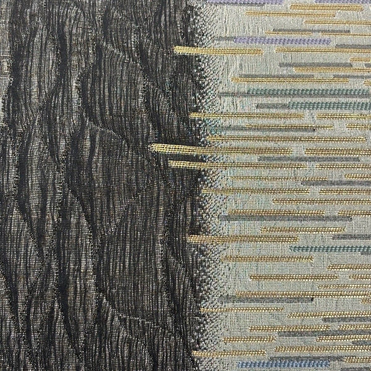 袋帯 秀品 縞 幾何学 銀糸 箔 墨色 六通 正絹