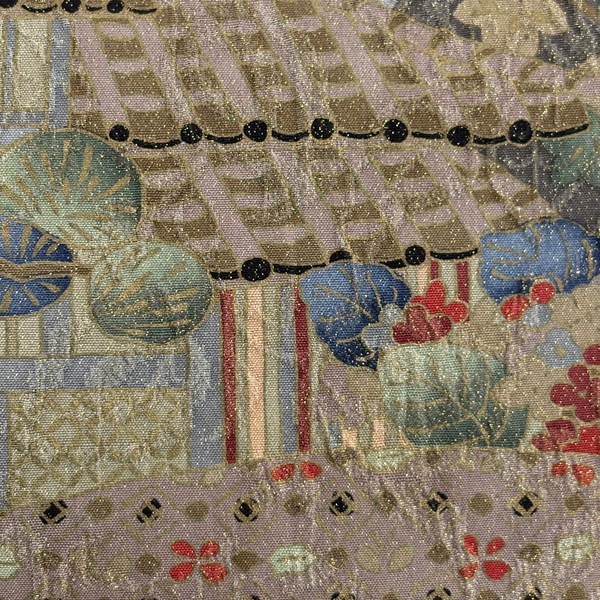 袋帯 秀品 建物 霞 箔 薄茶色 全通 正絹