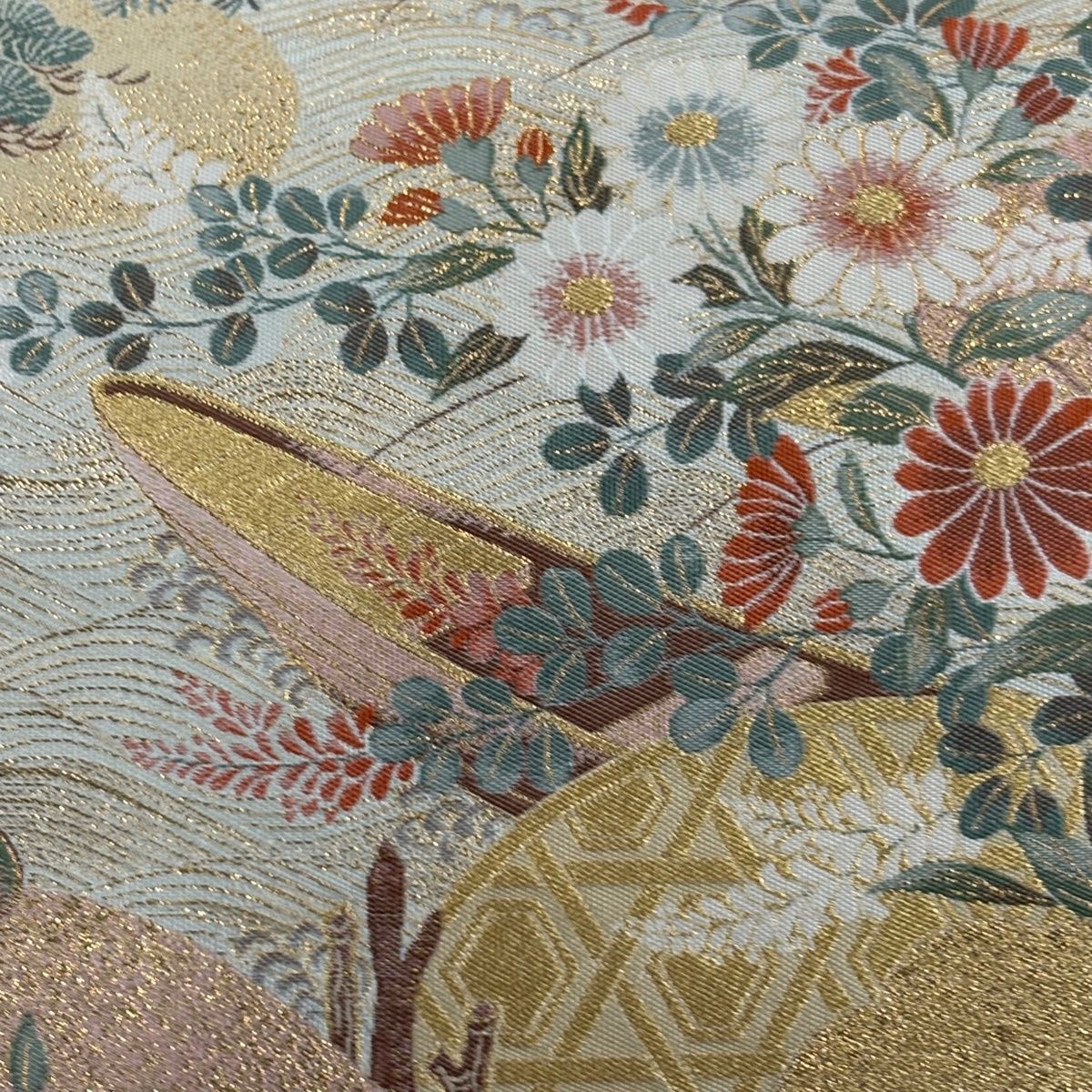 袋帯 秀品 草花 舟 金糸 箔 ベージュ 六通 正絹 【中古】 - メルカリ