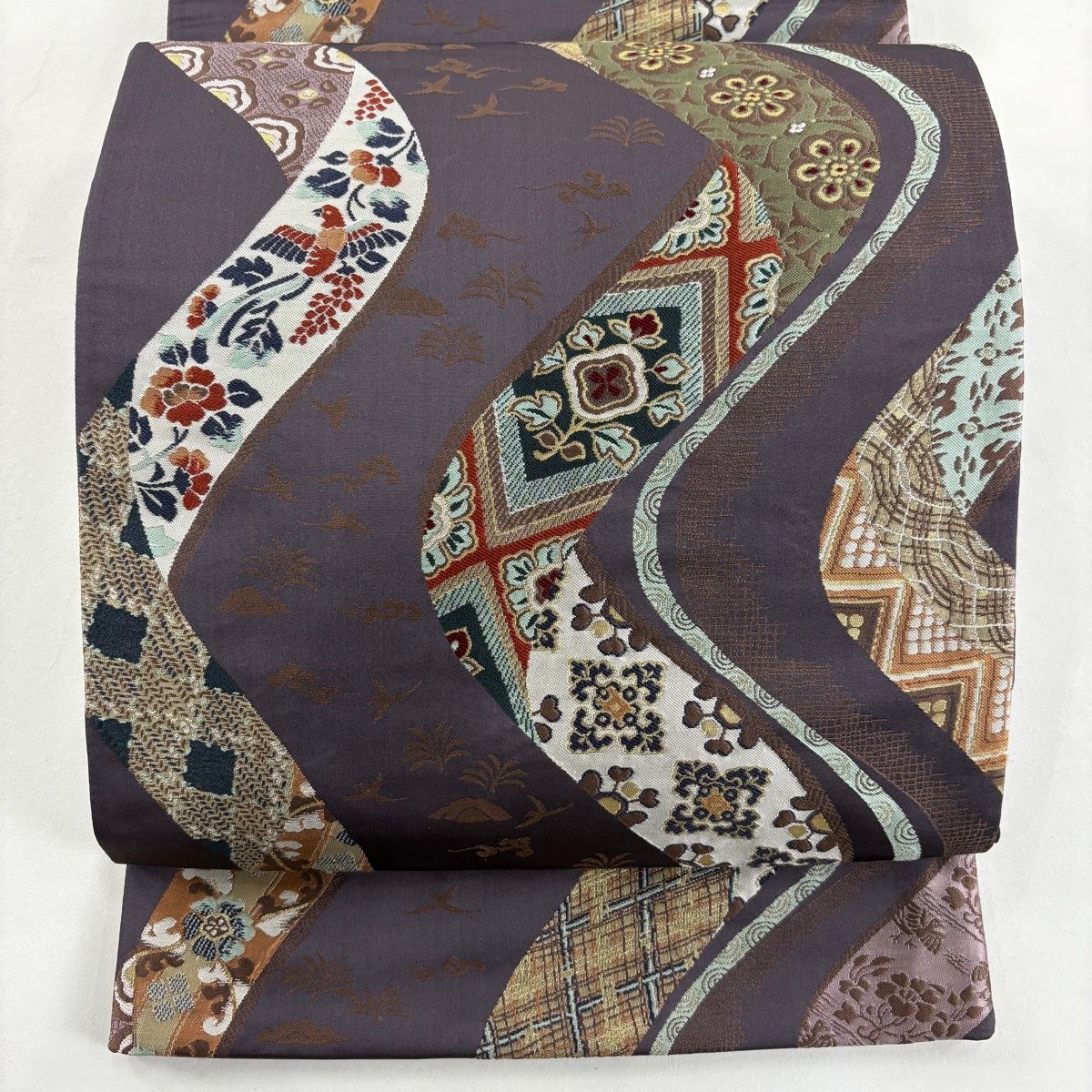 袋帯 秀品 中古 銀通し 紺色 y168 袋帯 秀品 雪輪 牡丹 刺繍 銀彩