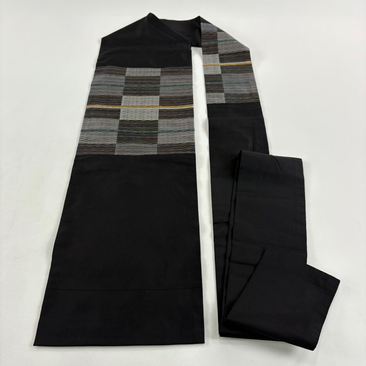  名古屋帯 秀品 落款 縞 幾何学模様 箔 黒 正絹 名古屋帯 帯
