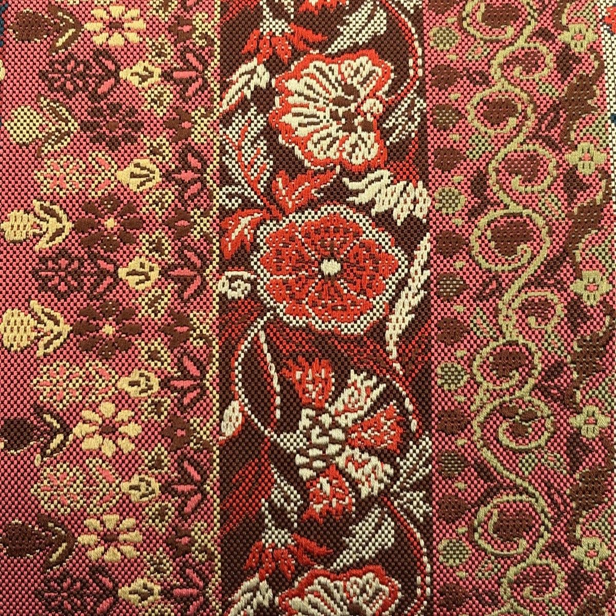 袋名古屋帯 秀品 証紙 博多織 草花 縞 赤茶 正絹