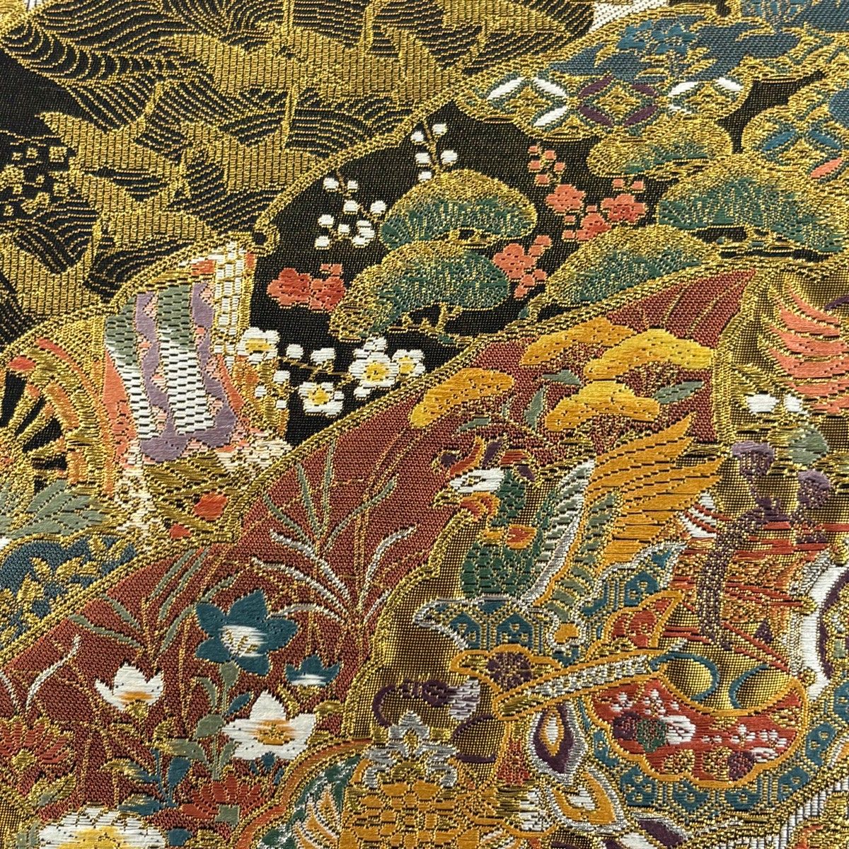 袋帯 秀品 本金箔つづれ 草花 鳥 金銀糸 箔 墨色 六通 正絹