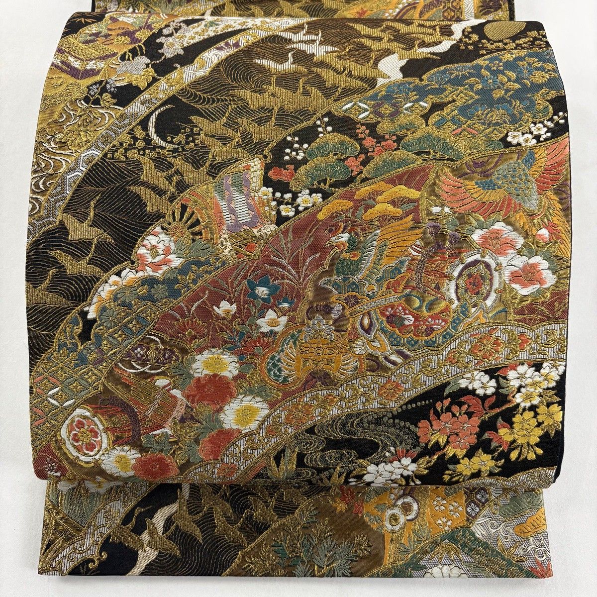 美品】 袋帯 秀品 本金箔つづれ 草花 鳥 金銀糸 箔 墨色 六通 美品】 袋帯 秀品 本金箔つづれ 草花 鳥 金銀糸 箔 墨色 六通