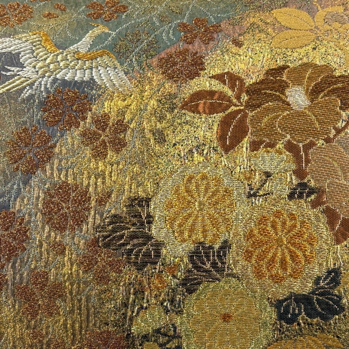 袋帯 秀品 花鳥 椿 金糸 箔 茶緑色 六通 正絹