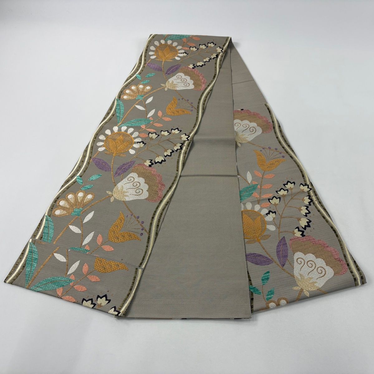  袋帯 秀品 草花 金糸 唐織 灰茶 六通 正絹 袋帯 帯