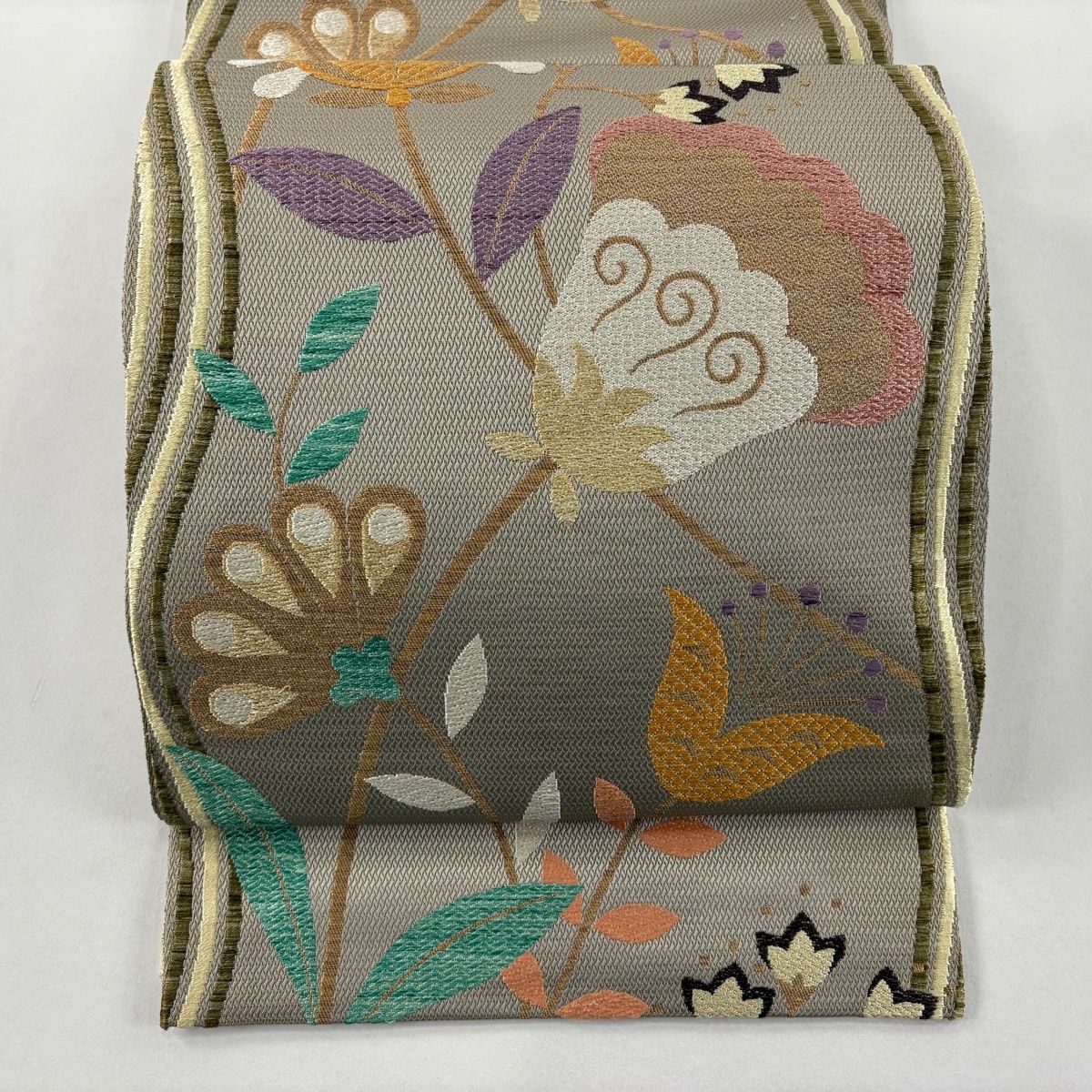 袋帯 秀品 草花 金糸 唐織 灰茶 六通 正絹